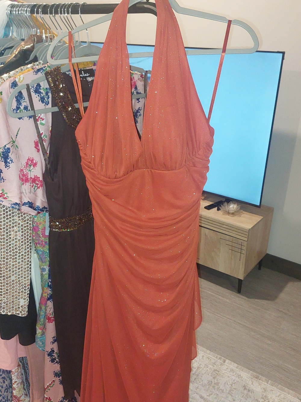Cache Halter Sparkle Coral-Orange Prom Dress
